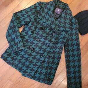 Wool Houndstooth Jacket Pea Coat Forever 21 Size Small S Green Black Classic
